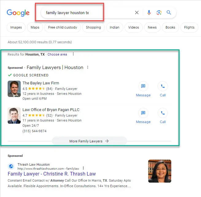 Image of the location of Local Service Ads within a Google webpage